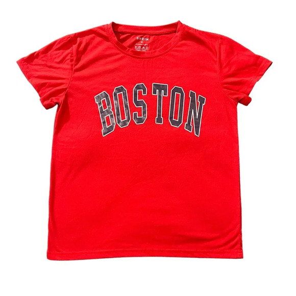 Shein Red Boston Print Short Sleeve Crewneck T-Shirt Women's Size Medium‎ - Picture 2 of 4